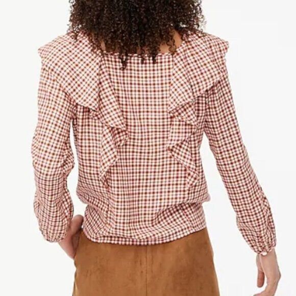 J Crew Women's Flannel Squareneck Cotton Ruffle Top Ivory Red Medium - Picture 2 of 4